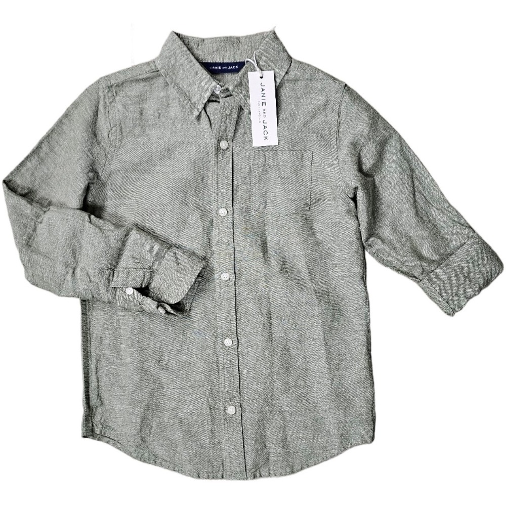Janie & Jack Boys Sz 7 Button Down Collared Shirt Linen Green Long Rolled Sleeve